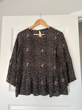 Madewell Black Women’s S/M Blouse with Peach Floral Print 100% Silk
